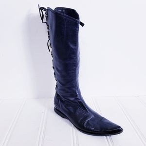 Baldinini Trend Black Leather Pointed Toe Lace Up Boots Zip EU 37